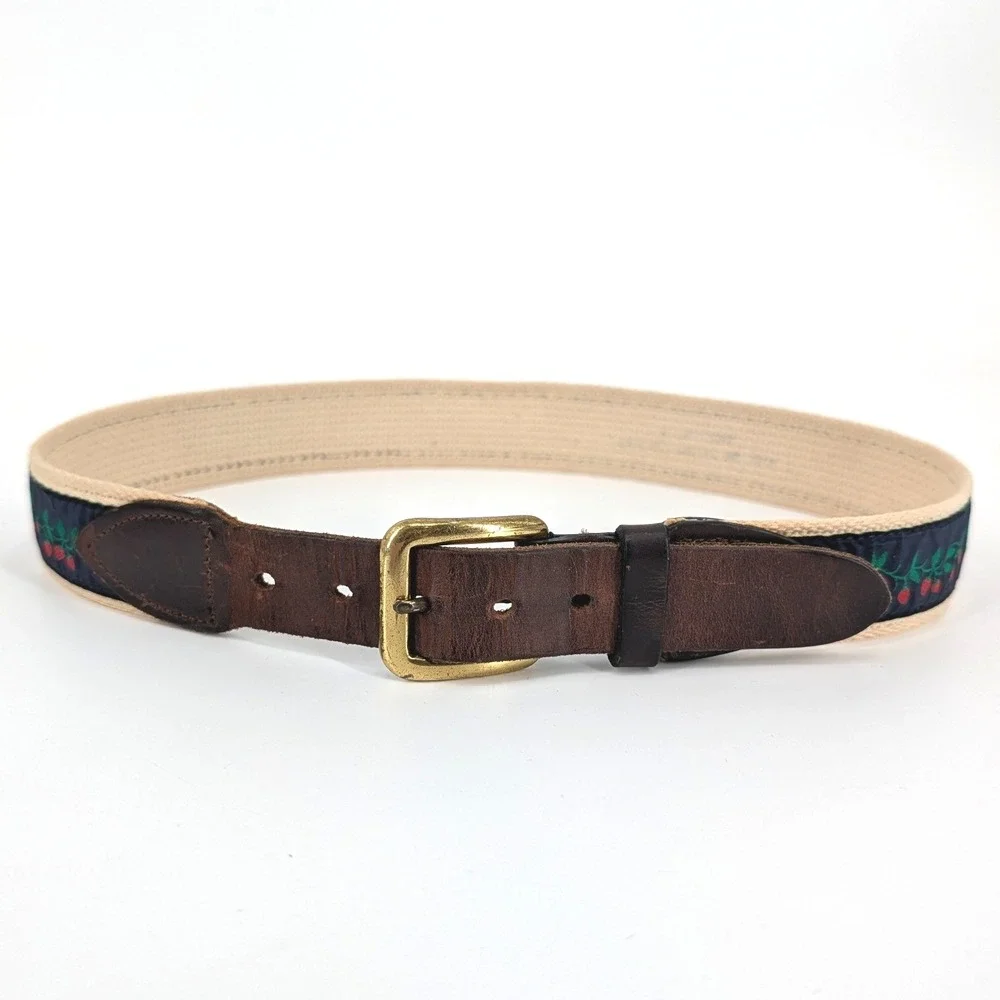 Orvis Strawberry Ribbon Belt Leather Canvas‎ Embroidered New England Size 28